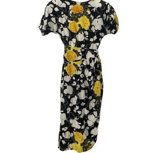 Vintage 1980's Cleopatra Brand Floral Dress Chiffon Deep Vneck Back Size Small